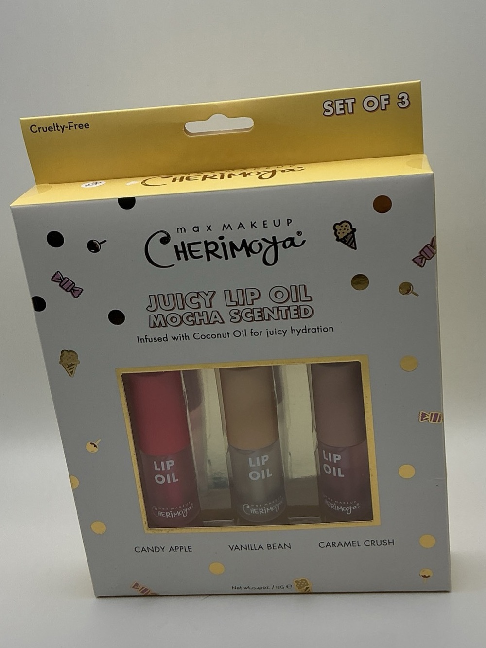 Cherimoya Juicy Lip Oil Set of 3 Candy Apple Vanilla Bean Caramel Crush NIB